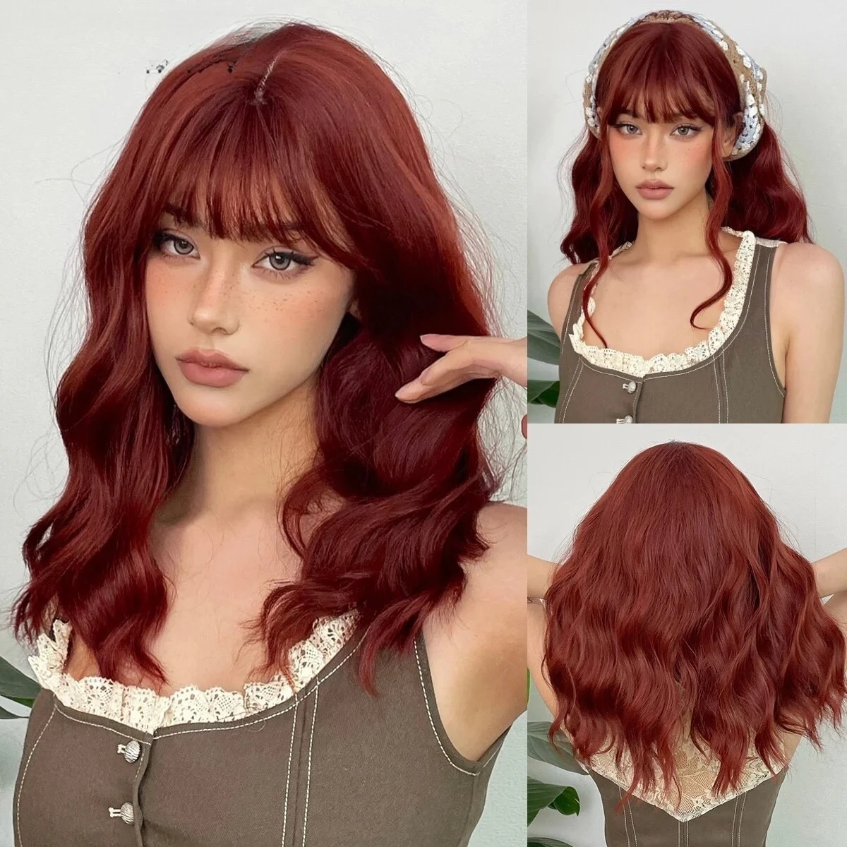

Red Brown Middle Length Curly Wig with Bangs Daily Natural for Women Synthetic