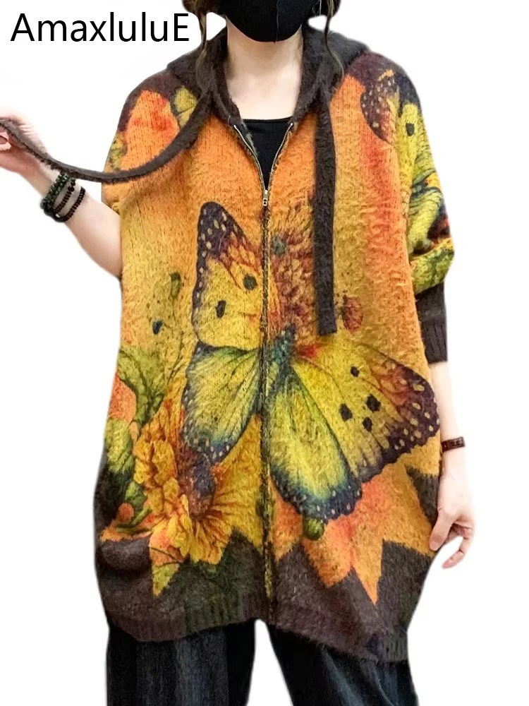

Amax luluE 2024, роскошный теплый трикотаж, зимние женские свободные модные кардиганы с капюшоном и принтом, женские классические винтажные свитера для отдыха