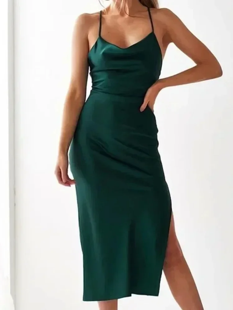 Summer Sexy Sleeveless Backless Long Dress Fashion Satin Women Evening Dress New Elegant Party Vestido Green