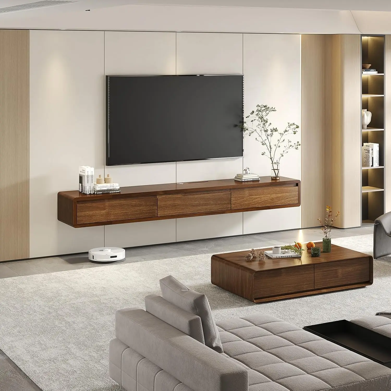 Minimalist Floating TV Stand Wall Mounted Console Cable Management Scratch-Resistant Wood Media Cabinet 63in, Customized
