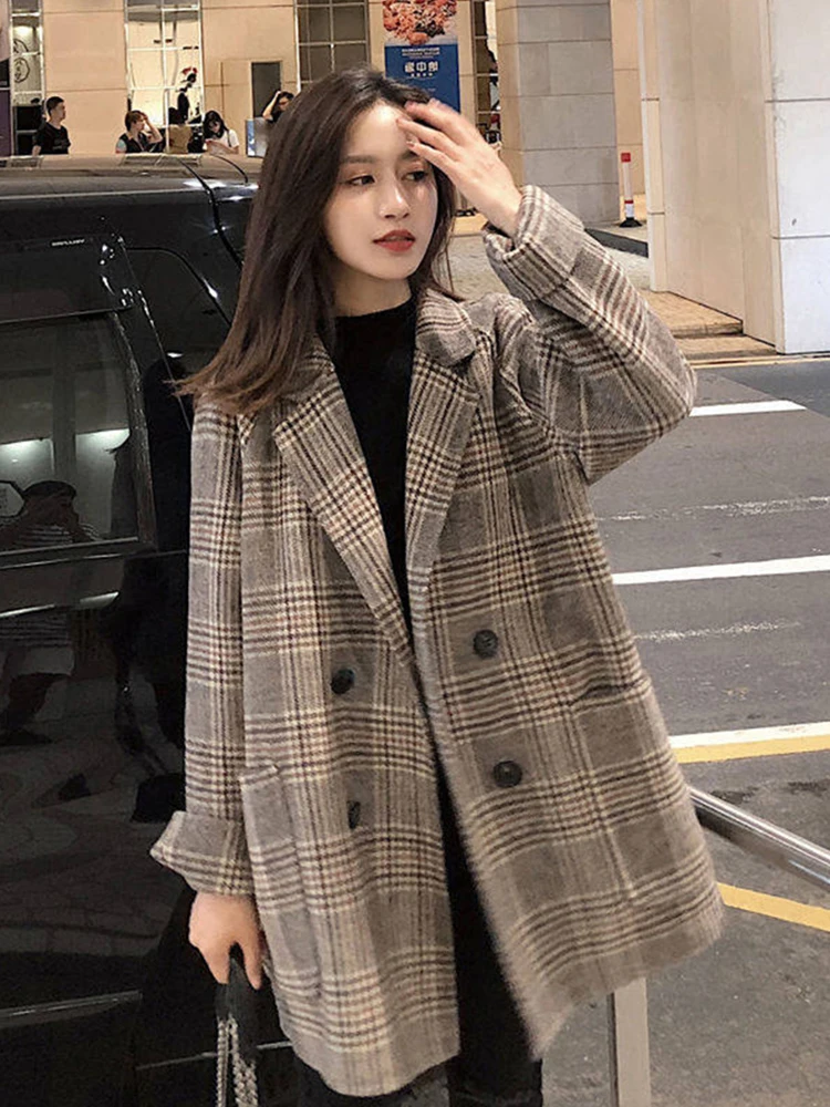 Loose Plaid Woolen Coat for Women Fashion Lapel Slim Women\'s Jackets 2020 Korean Women\'s Autumn Coat Woman clothing