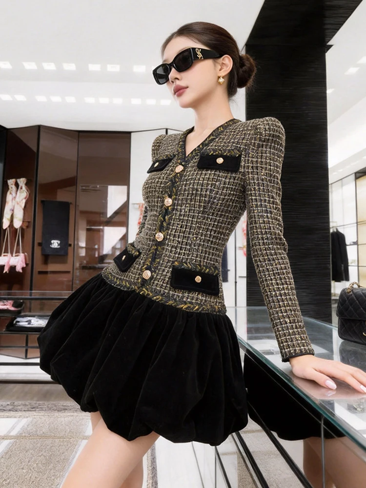 Damen Frühling Elegantes Minikleid Vintage Schwarz Zweiteiliges Tweed-Kleid mit V-Ausschnitt Schmal Geschnitten für Party, Abschlussball, Formelle Anlässe, Arbeit, Freizeit und Streetwear