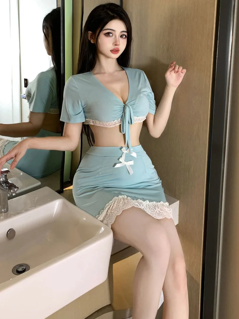 Sexy Secretary Split Cute Style JK Uniform New Style Skirt Set Waist Exposed Design Bowknot Charm Elegant Romantic Slim YHQU