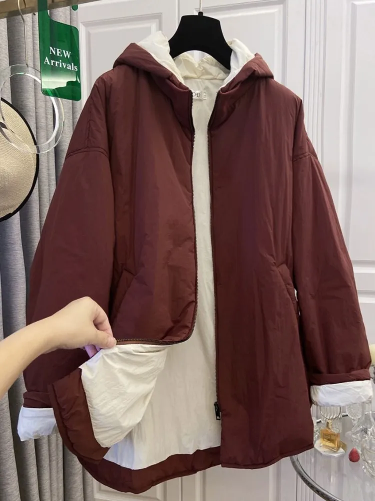 Autumn Winter Hooded Cotton Jacket Women Loose Casual Warm Filled Woman Coat Long Sleeve  Zipper Mid-Length Ladies Jackets
