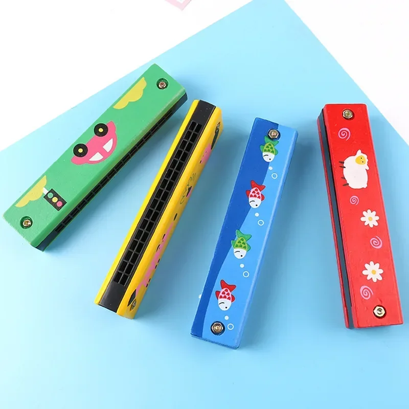 16 Holes Children Harmonica Wooden Double Row Blowable Harmonica Cute Cartoon Pattern Beginner Kids Musical Educational Toys