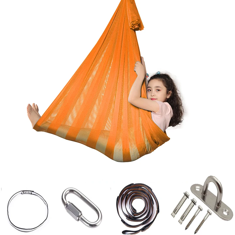 Crianças malha swing hammock para o autismo adhd adicionar terapia aconchegar-se sensorial criança terapia pacote elástico assento constante balanço