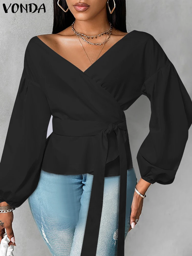 

VONDA Women Elegant Blouses 2024 Casual Lantern Long Sleeve Tops Fashion Ruffled Tunic Solid Color Belt Blusas Oversized