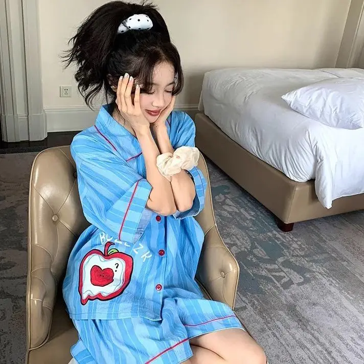 

2Pcswomen's Pajamasshort Sleeved Pajama Setsummer Pajamascomfortable and Soft Pajamashomewear Setstriped Pajamas