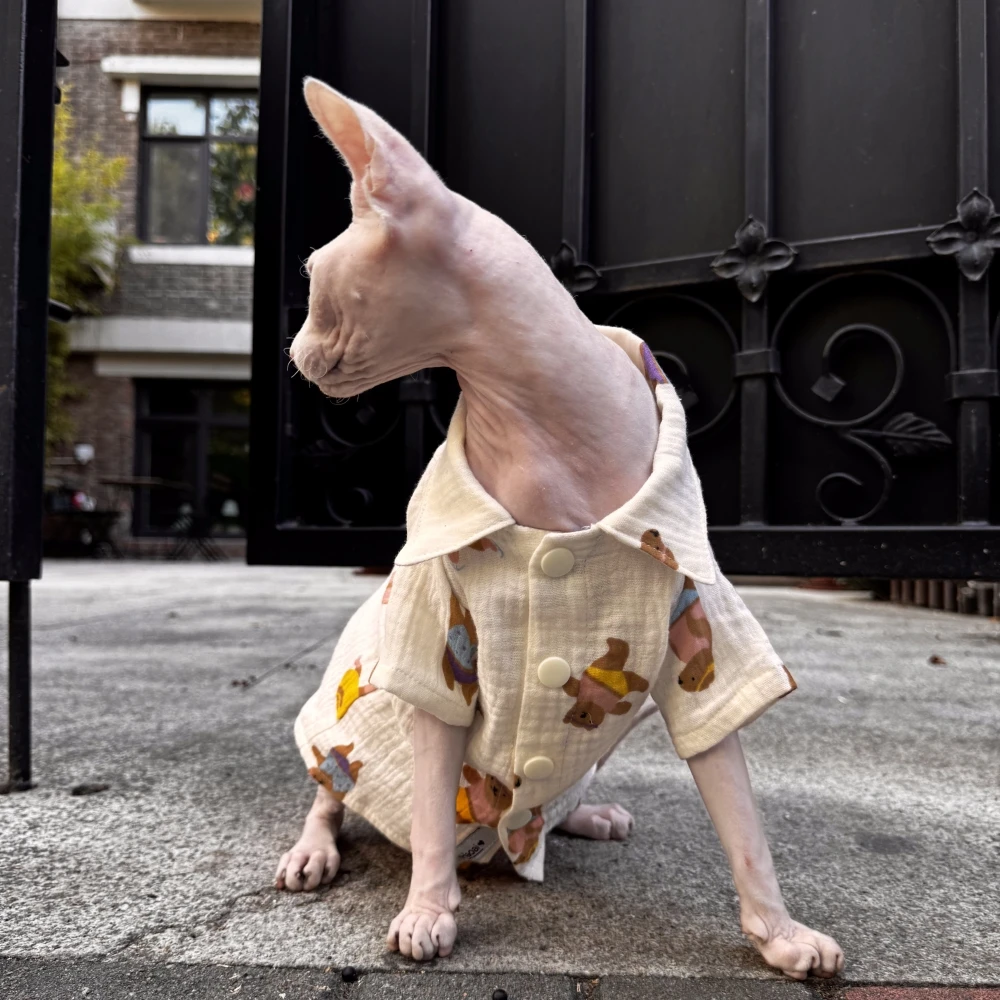 Soft Cotton Shirt for Sphynx Cat Summer Beige Bear Blouse For Kittens Street photography Catwalk Over Size Coat for Devon Rex