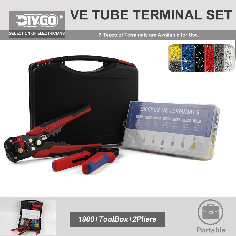 

Портативный набор инструментов для обжима, 1900 шт., двойные плоскогубцы, клемма VE SN/HSC8 6-4/6A, многоразовый ящик для инструментов для электропроводки для работы проводов