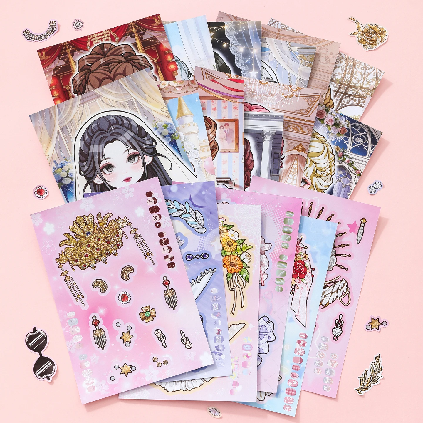 18Pcs Bride Nail Dress Up Coated Paper Sticker Book, Anime Girl Manicure Decor Stickers for Kids DIY Hand Makeup Game