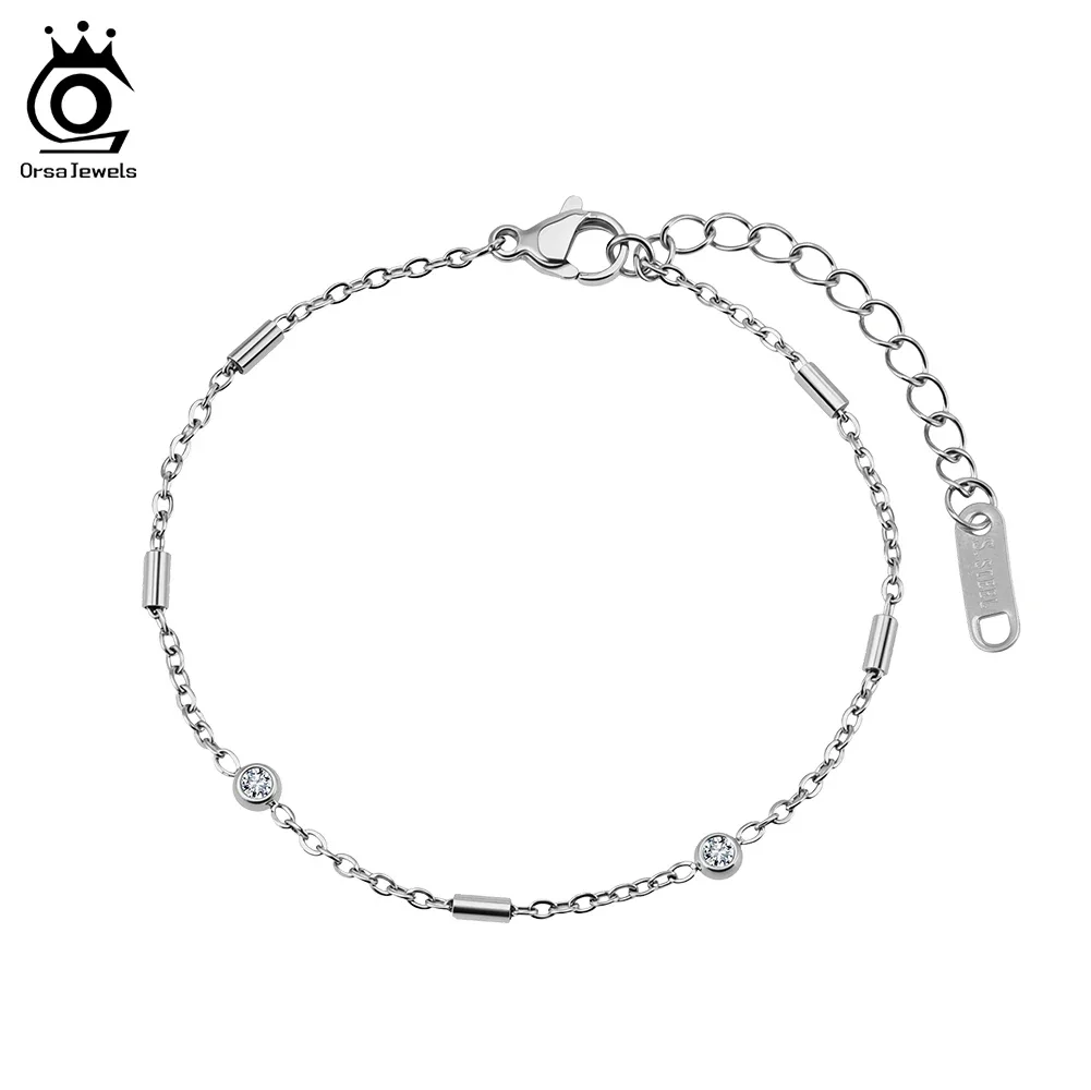 

ORSA JEWELS Stainless Steel Minimalist Dainty Cubic Zirconia Chain Bracelet for Women Simple CZ Bracelet Wedding Jewelry STKB02