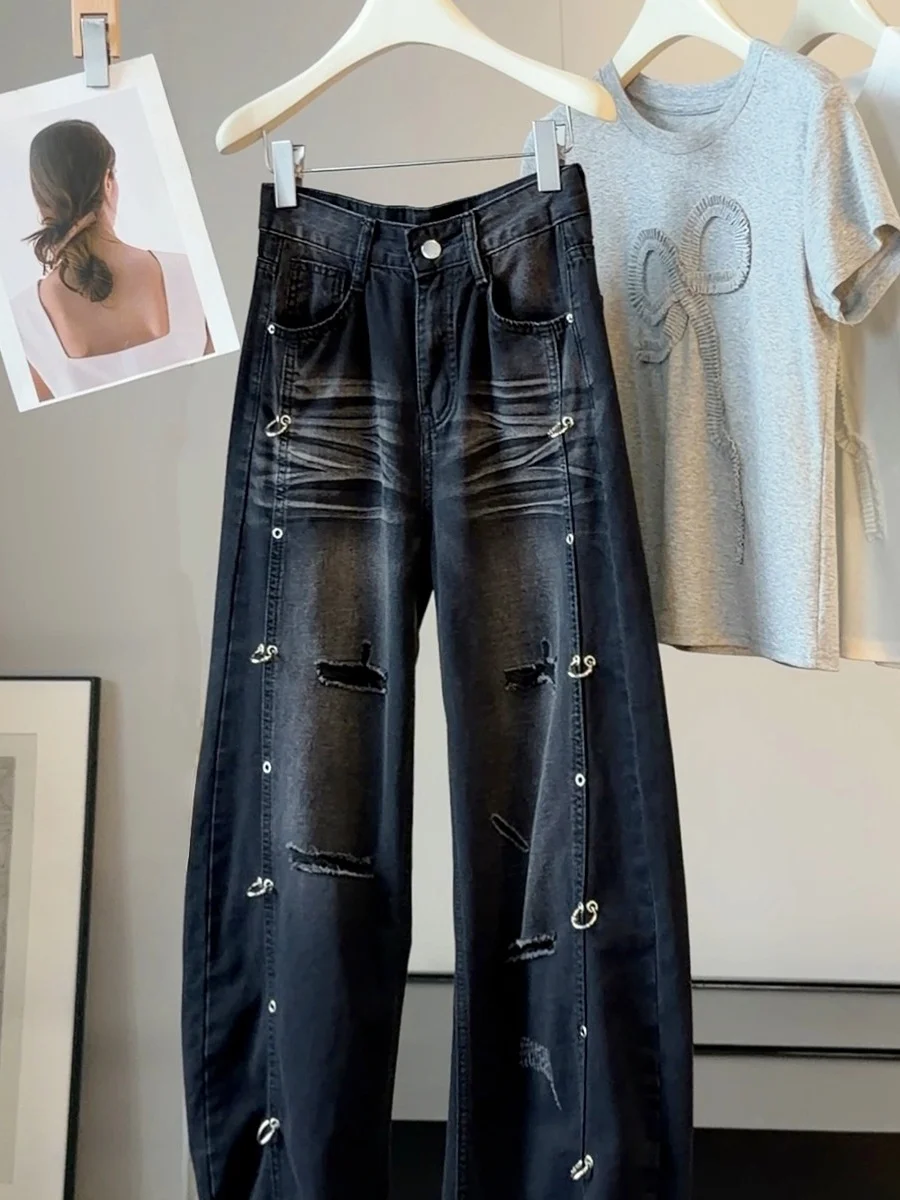 American Style Spicy Girl Rivet Hole Wide Leg Jeans High Waist Summer Fashion Long Pants Women's Commute Style Pure Color