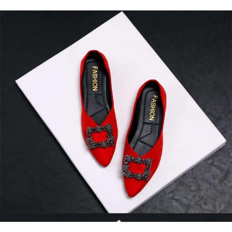 

New Style Women's Suede Dyed Flats Pointed Loafers Wedding Bridesmaid Princess Dress Shoes High Quality Diamond Low Top Shoes