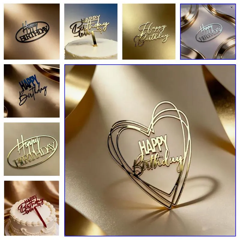New Side Happy Birthday Cake Toppers Decoration Gold Acrylic Kids Birthday Party Cake Topper for Baby Shower Gift Baking Supplie