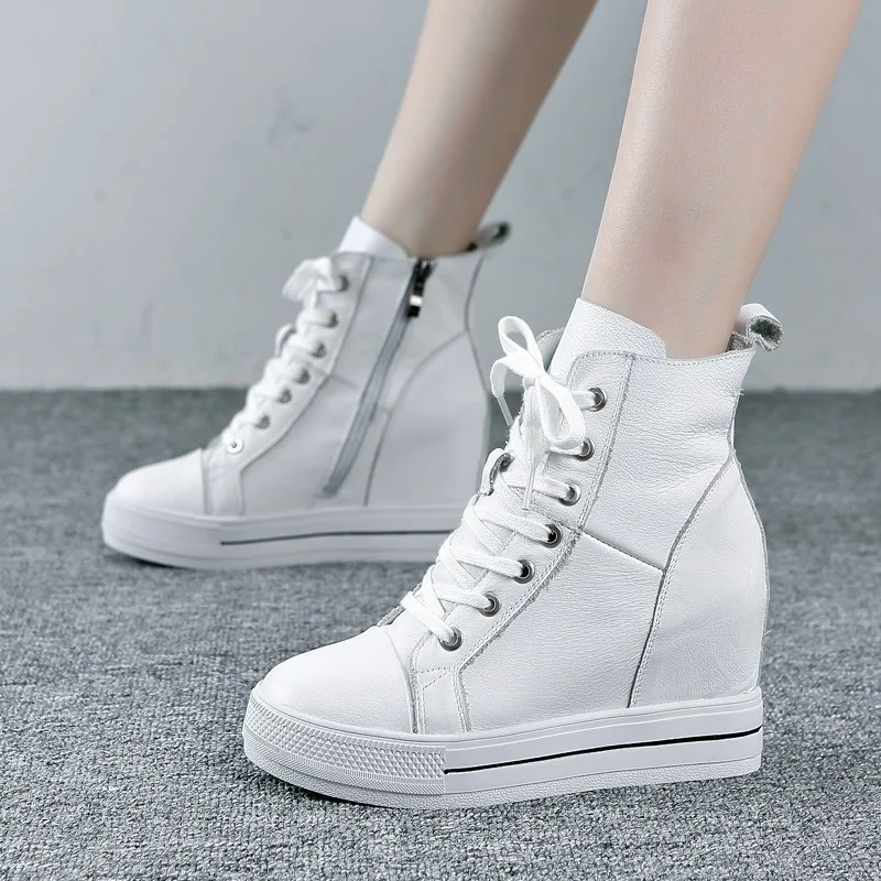 Autumn Women Genuine Leather 8cm Hidden Wedge Sneakers Platform Shoes High Heels Sneakers Woman Casual Shoes White Women Trainer