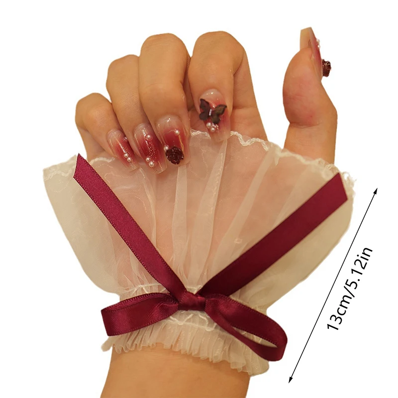 1Pairs Silk Bow Nail Art Photo Glove Mesh Manicure Photography Props Fake Pleated Cuff Nail Tips Display Sleeve Akcesoria