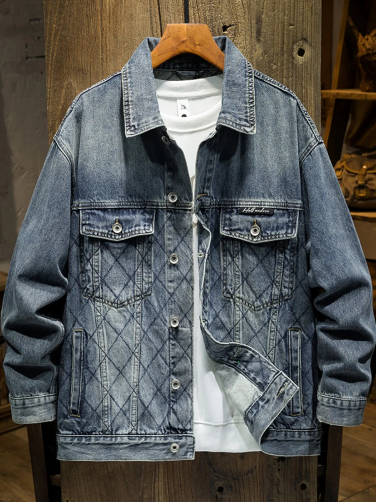 

Retro Net Pattern Denim Jacket Men's Trendy Loose Large Size Casual Workwear Outerwear Spring Autumn Style Pure Color Cotton ...