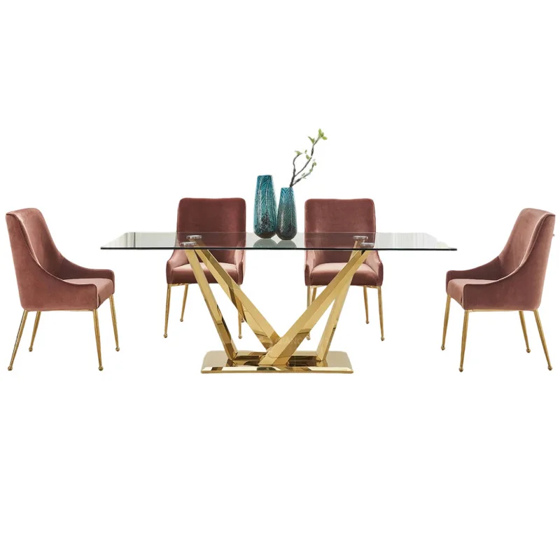 

Stainless steel dining table set, rectangular high-end restaurant glass table, 6-person dining table and chair set