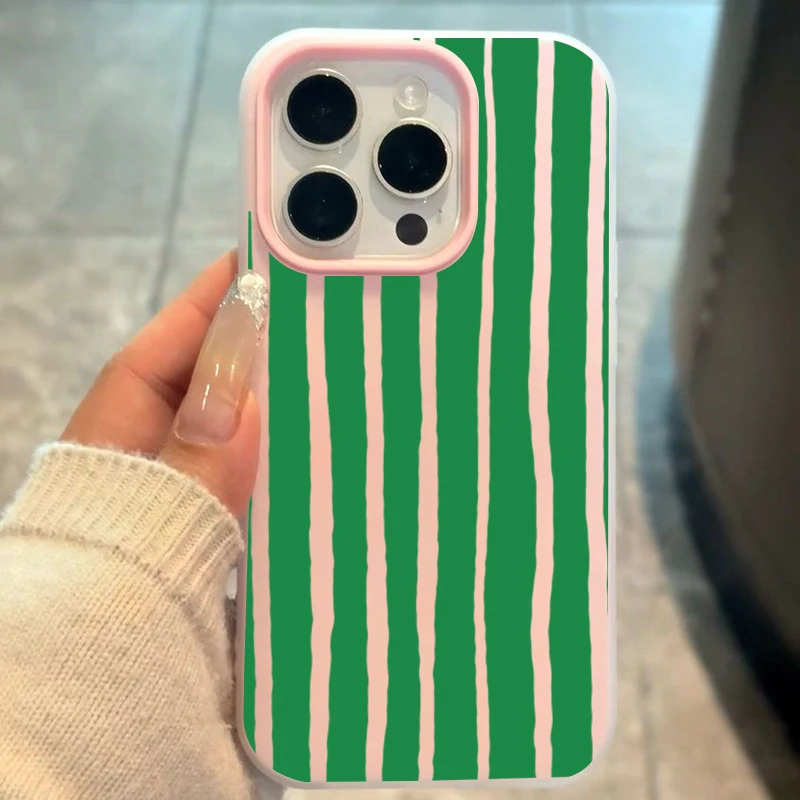 

Fashion Simple Green Striped Two-In-One Jelly Phone Case For Xiaomi Poco X7 X6 X5 M6 Pro Mi 15T Pro Shockproof Matte Clear Cover