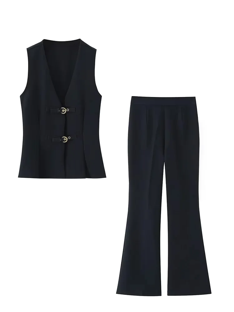 HH Zomer Effen Satijn Textuur 2 Delige Set Vrouwen Chic Mouwloze V-hals Gesp Decoratie Top Vest + Hoge Taille Bell-bottoms