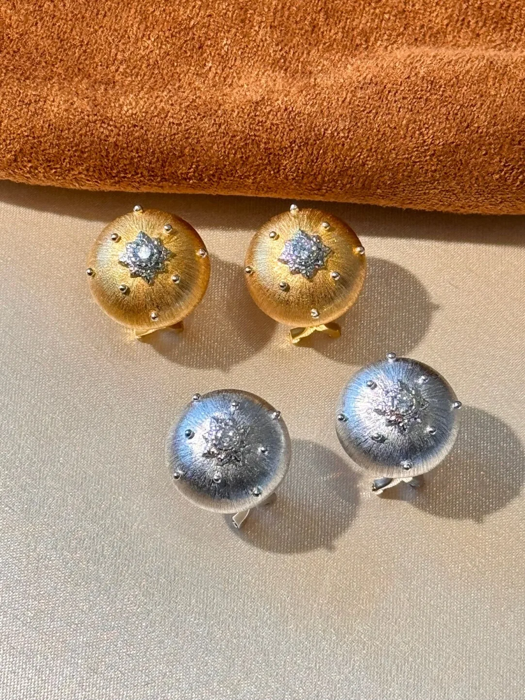 Italian Medieval Style Hand-brushed Eight-pointed Star Ear Pads · 7.5g S925 Silver Gold Plated