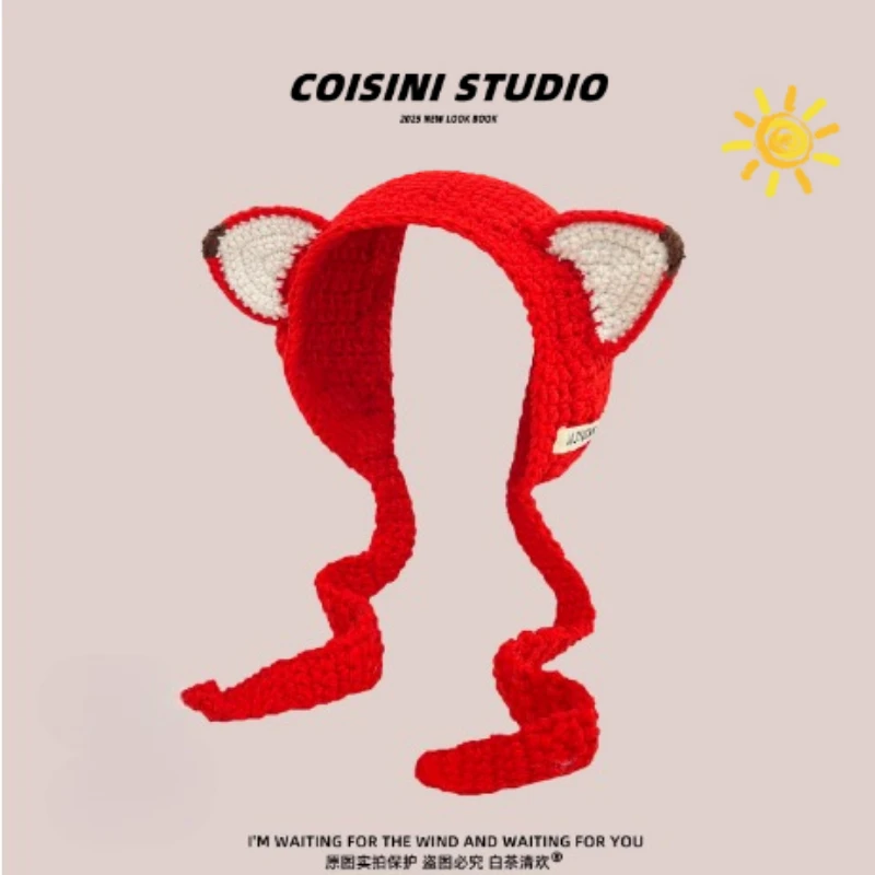 

Нишевая корейская версия, милая вязаная шапка с лисьими ушками, связанная вручную, женская осенне-зимняя теплая повязка на голову с защитой ушей