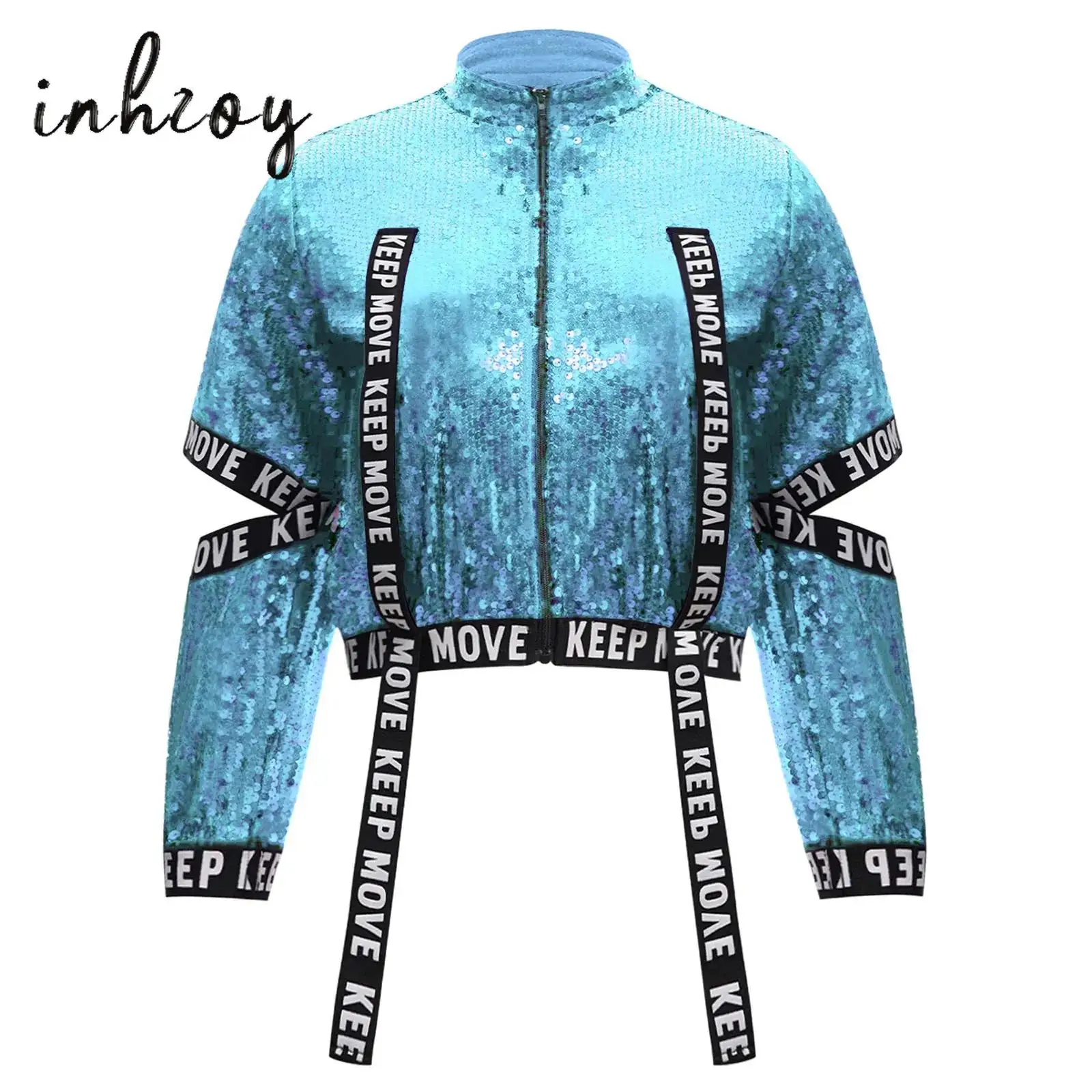 

Kids Girls Hip-Hop Jazz Dance Costume Shiny Sequins Jacket Coat Cutout Sleeves Letter Printed Elastic Bands Overcoat Streetwear