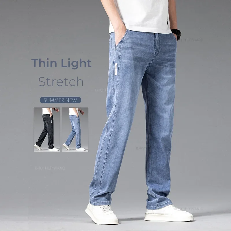 Letnie cienkie męskie spodnie jeansowe Stretch Baggy Blue Grey Elastic Waist Business Casual Straight Denim Trousers Klasyczny styl męski