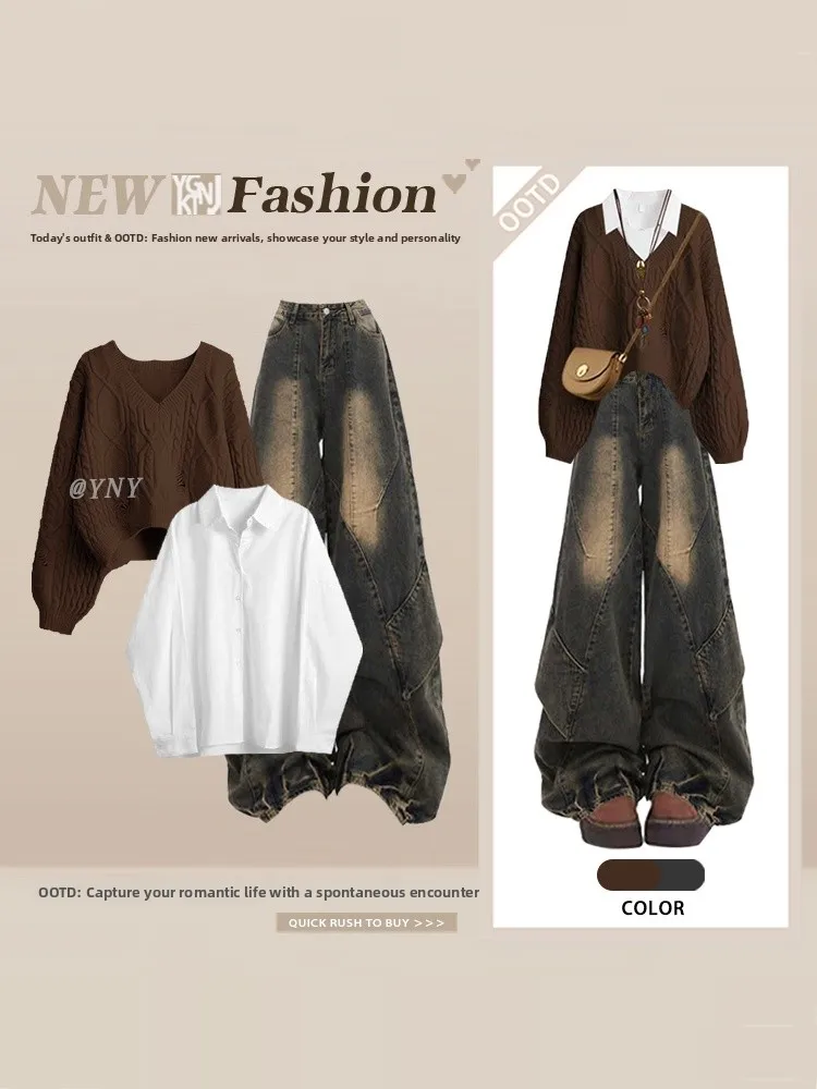 

American Retro Knitted Sweater irt Wide Leg Jeans Women's Winter Tee Piece Set Faionable Casual Sle High Waist Pants