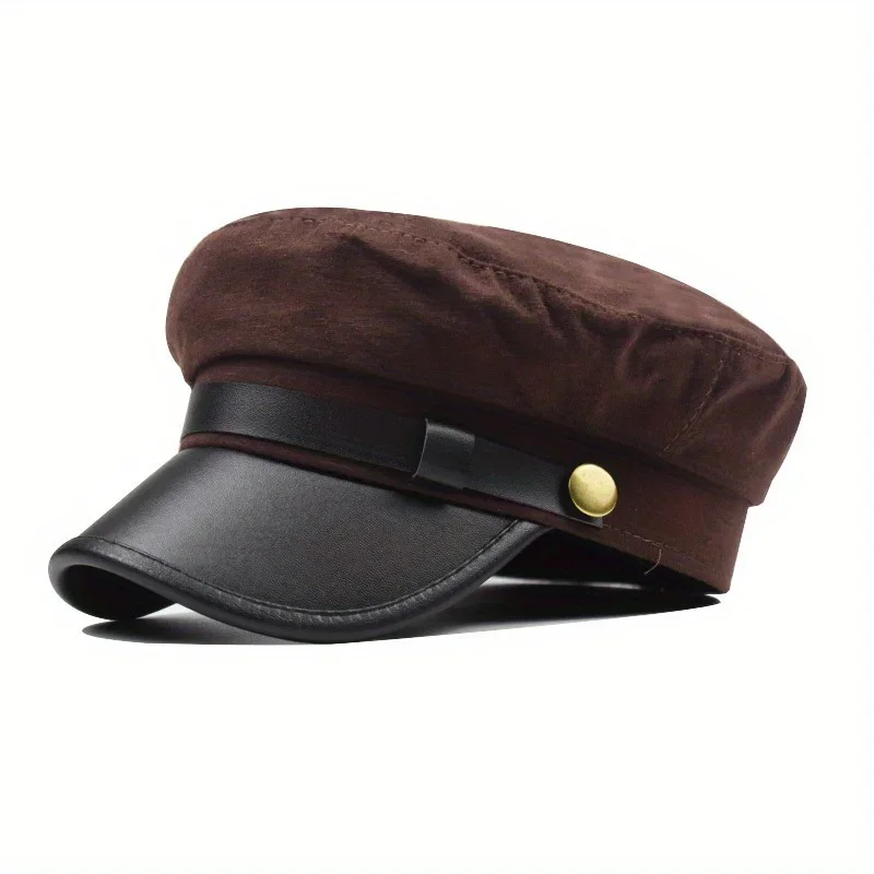 

Vintage Unisex PU Leather Sailor Cap Flat Top Navy Style Captain Hat for Women And Men Retro Autumnal Travel And Daily Wear