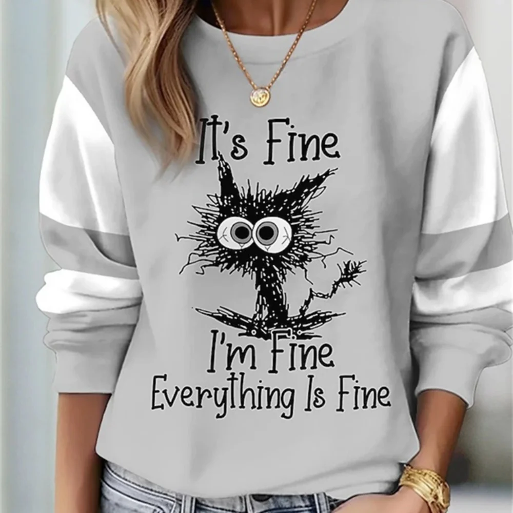 Moletom feminino pulôver poliéster floral gato rua casual vintage esportes básico em torno do pescoço manga longa topo comfrt macio 2026