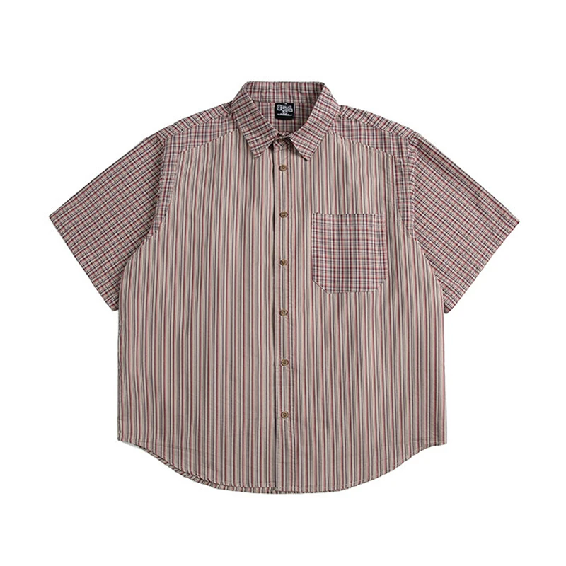 

Summer Red Striped Shirt Men Japanese Streetwear Cityboy Fashion Loose Casual Short Sleeve Campus Couple Shirts Blouses