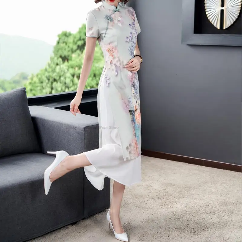 Cheongsam en mousseline de soie à fleurs vintage, style traditionnel vietnamien, manches courtes, rétro, Qipao chinois, robe de soirée de mariage, robe de soirée, Ao Dai