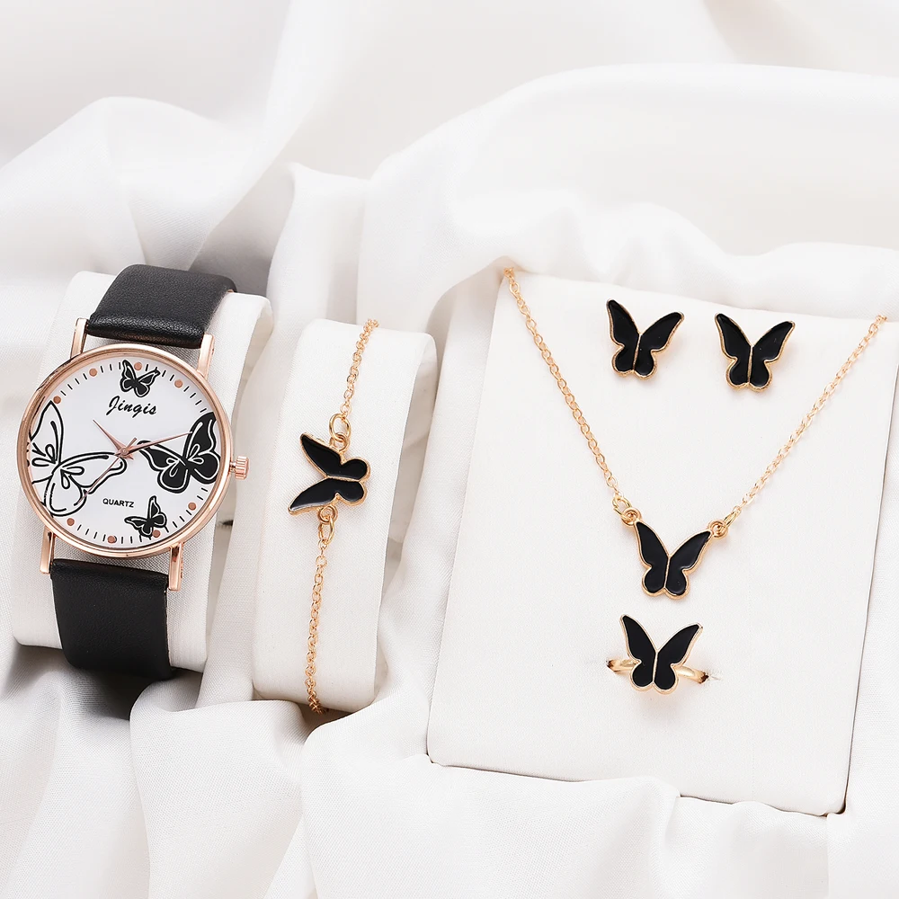 Hollow Butterfly Design Dial Ladies Watches Set Butterfly Necklace Earrings Bracelet Ring Women Fashion Simple Quartz WristWatch