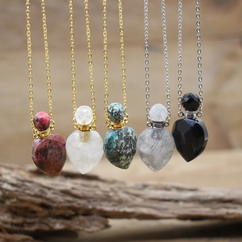 Natural Stone Jaspers Heart Essential Oil Vial Pendants Quartz Crystal Obsidian Perfume Bottle Charm Women Boho Jewelry QC1159