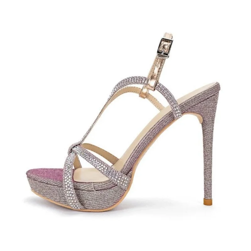 Women's Glitter Rhinestone Cross Strap Platform Thin Heel Ankle Strap Sandals Peep Toe Breathable Female Shoes Ladies Footwear
