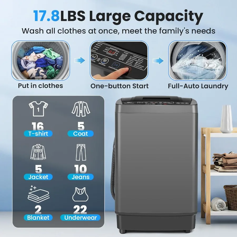 Compact Portable Washing Machine 17.8 lbs Fully Automatic with LED Display 10 Wash Programs and 8 Water Levels 2.4 Cu.ft Capaci
