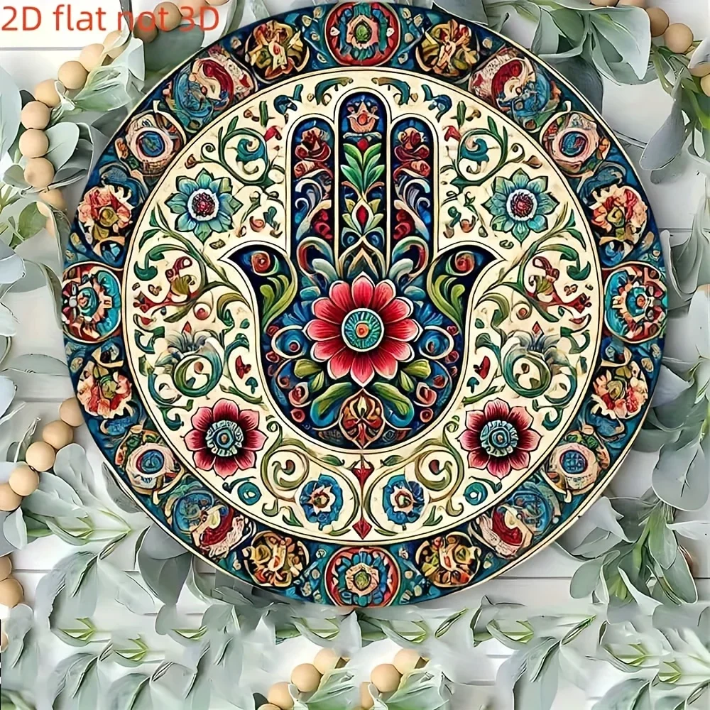 CIFBUY Vintage Floral Hamsa Hand Round Aluminum Wall Art Waterproof Wear Resistant Metal Sign For Living Room Home Decor Gift