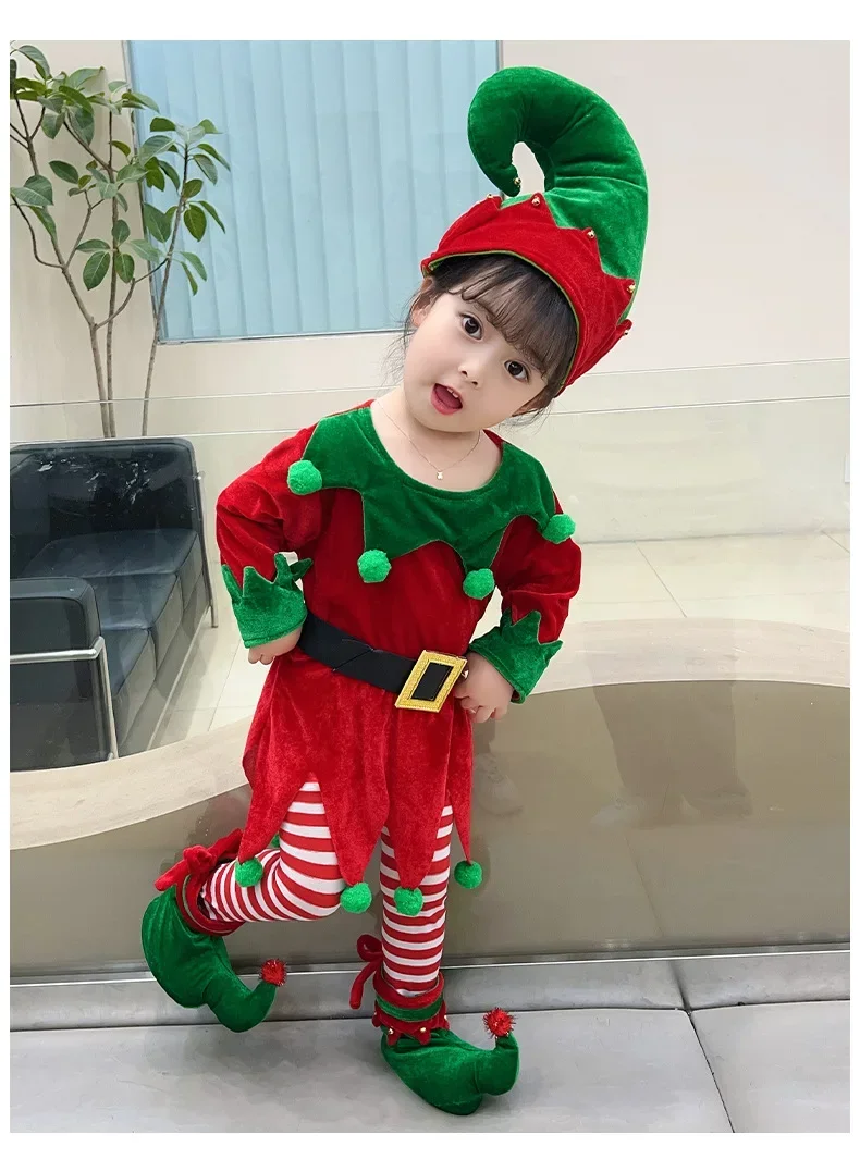 Disfraz de elfo de Año Nuevo para niña, conjunto de traje de Papá Noel verde con sombrero, vestido de fiesta de Navidad elegante, disfraces de actuación