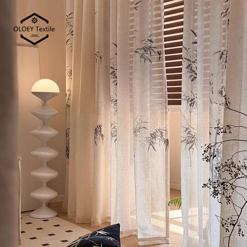 New Chinese Style Bamboo Jacquard Curtains Cotton Linen French Retro Mid Century Modern Light Blocking High End Luxury Drapes