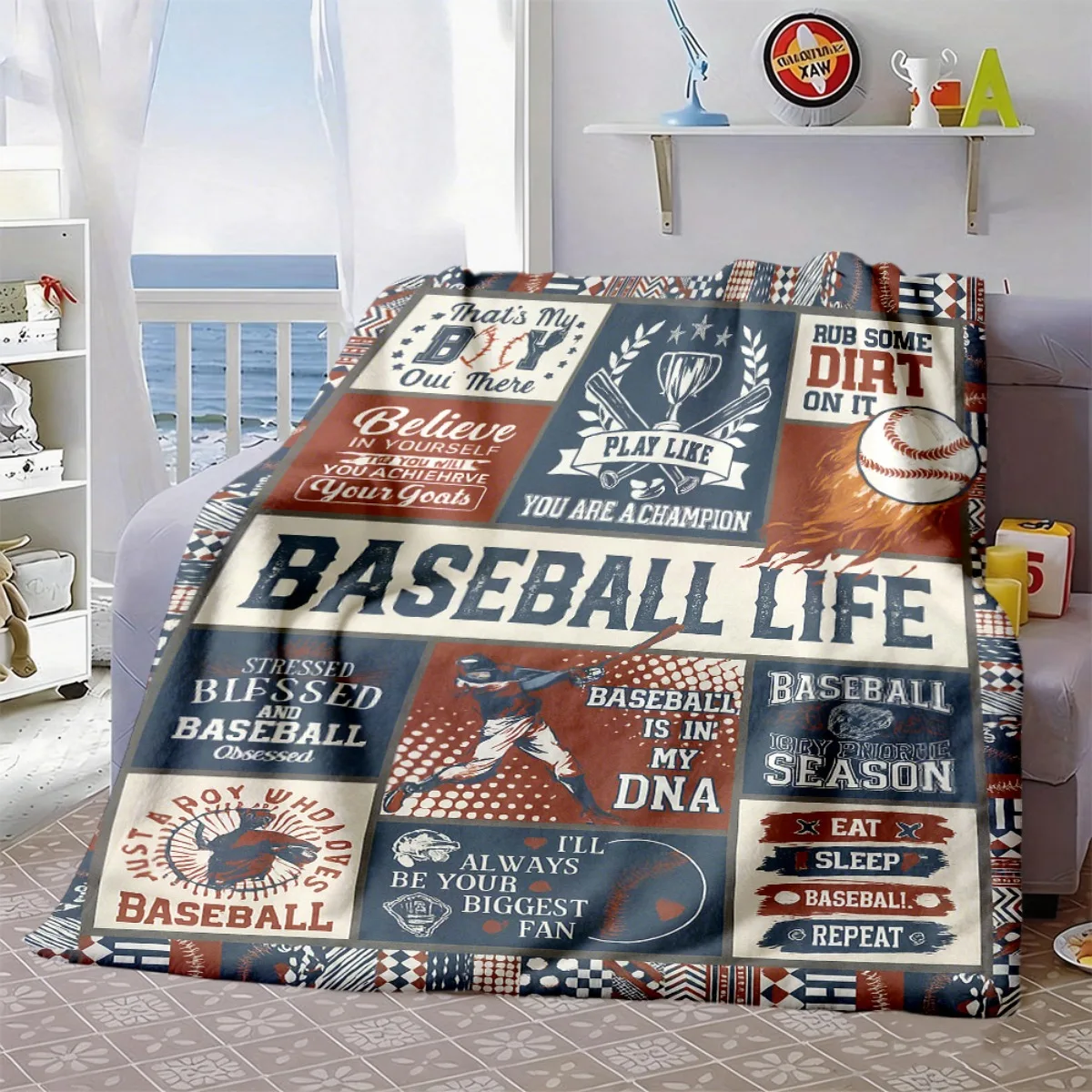 Retro Baseball Quote Flannel Throw Blanket Sports Player Patch Print Soft Cozy Blanket for Bedroom Sofa Nature Lover Gift
