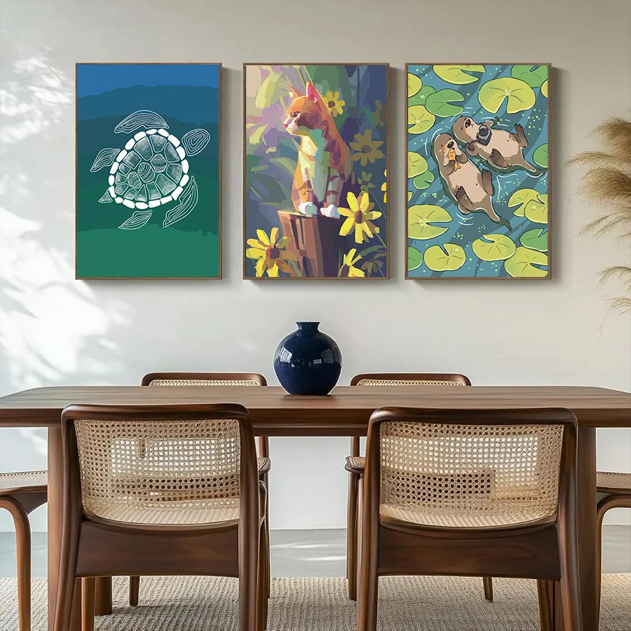 Colorful Cartoon Cat Dog Pet Poster Happy Floral Garden Wall Picture Nursery Kids Room Home Wall Decor Lovely Pet Lovers Gift