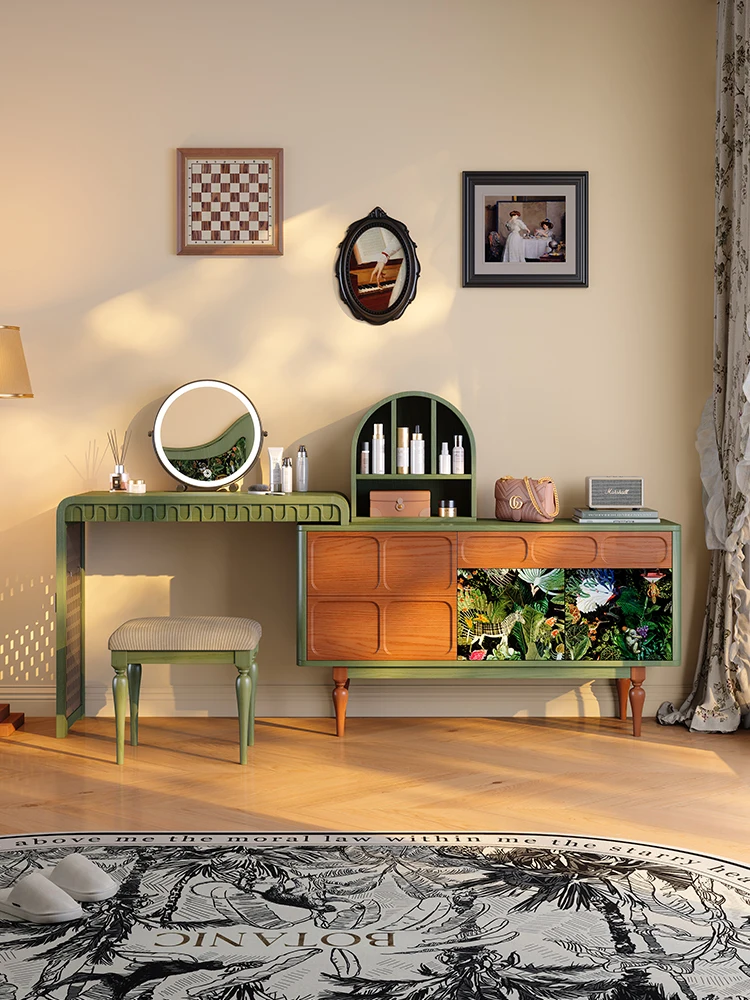 

French retro bedroom retractable solid wood dresser storage cabinet integrated