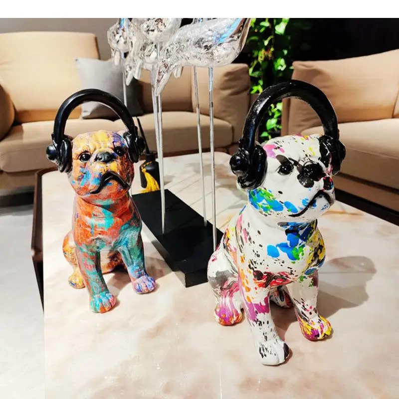 Graffiti Headphone Dog Painted Animal Resins Sculpture Aesthetic Room Decor Crafts Minimalist Statue Desk Decoration