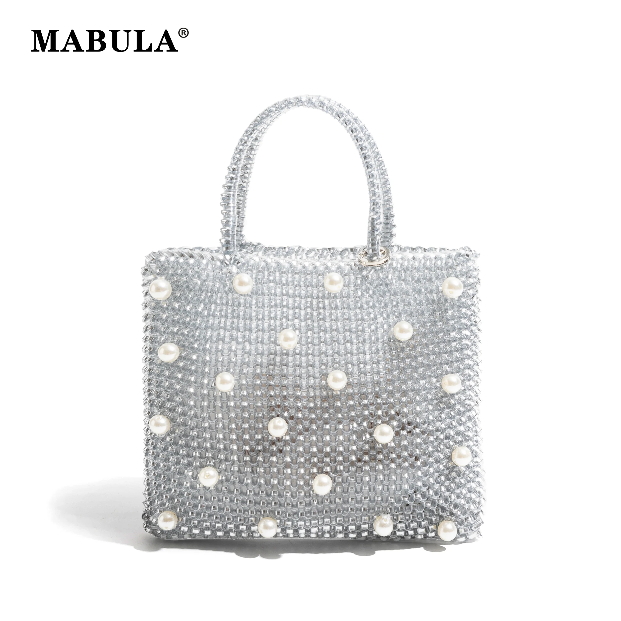 MABULA PVC Luxury Design Square Handmade Woven Tote Bag Knitted Pearl Handbag For Ladies Party Fashion Elegant Women\'s Satchel