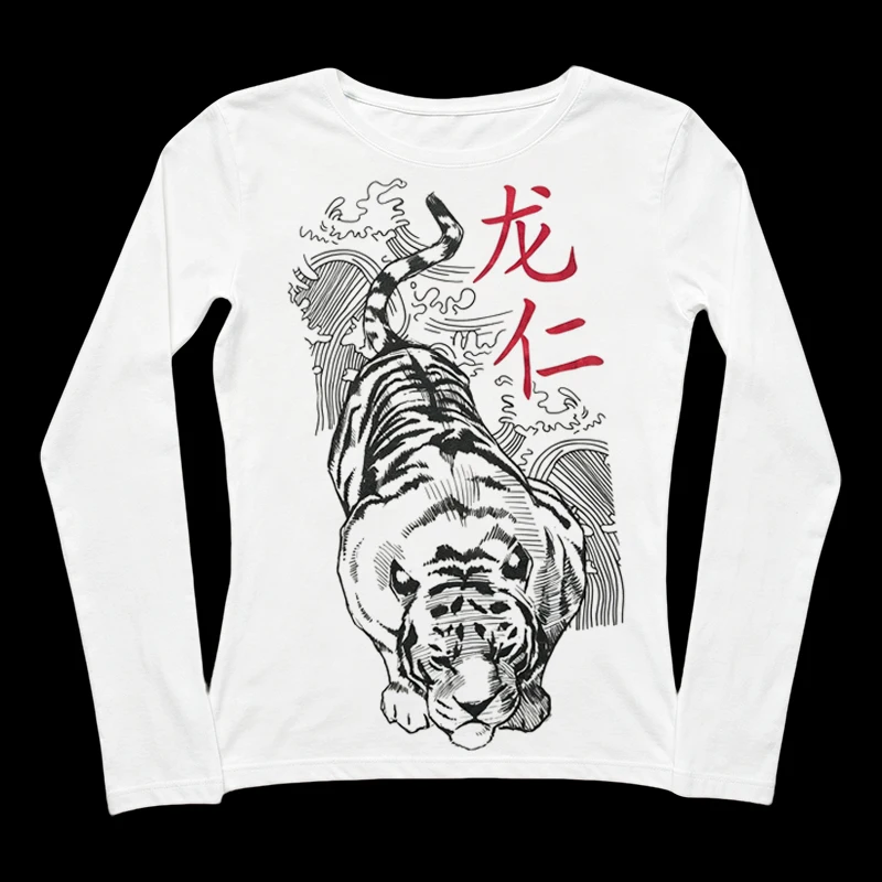 Vintage Streetwear Women Cream Fitted Long Sleeve Top Oriental Tiger Chinese Character Graphic Y2K Slim Tee