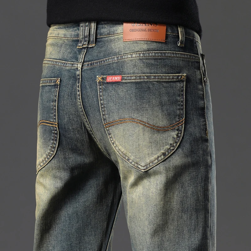 2025 Spring New Jeans Men's Slim Straight Stretch Cotton Casual Trousers Korean High Quality Nostalgia Washed Denim Pants