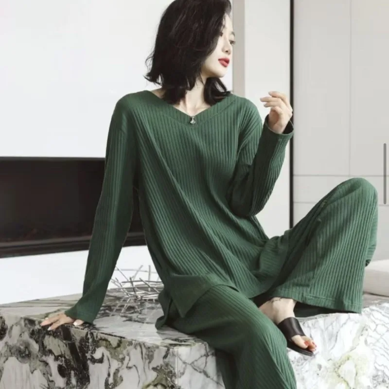 Spring and Autumn New Pajamas Long Sleeve Pants 2 Sets of Advanced Sense Can Be Worn Outside The Home Suit Set 200 Pounds Pajama