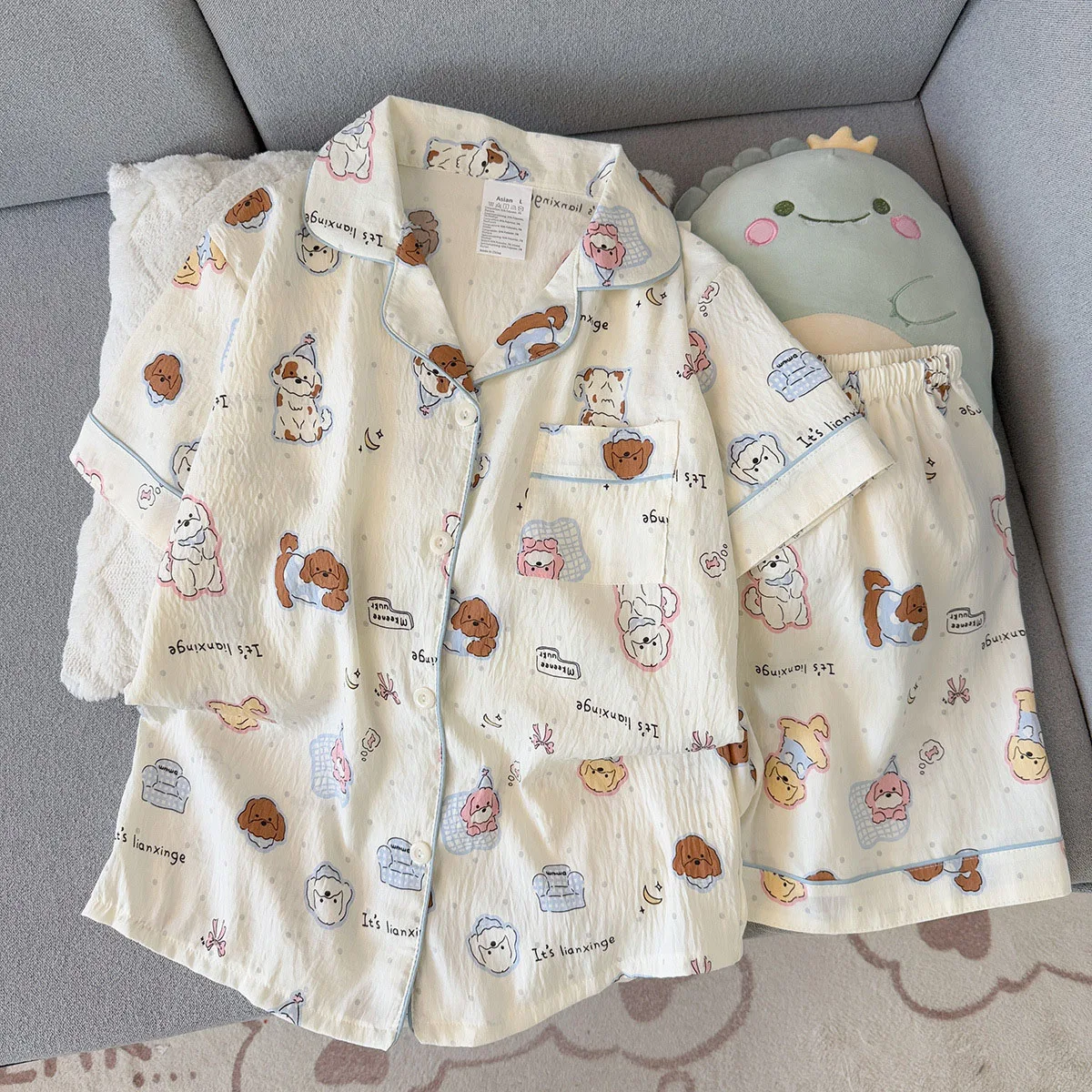 Star Striped Dog Print Kawaii Pajamas for Women Y2K Fashion Lapel Neck Women's Pajamas Summer New Sweet Cute Home Wear Woman